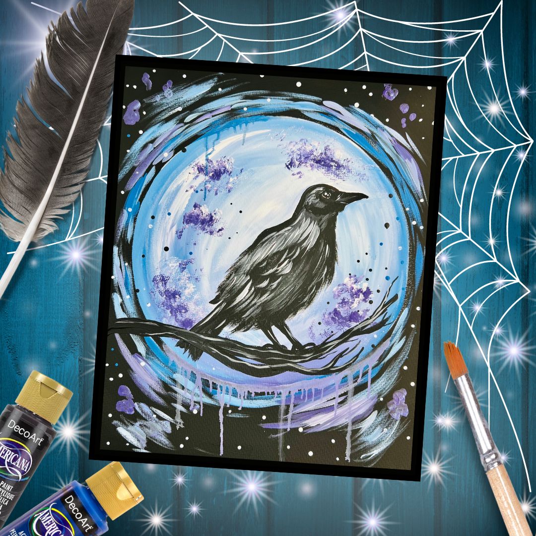 Twilight Raven paint party artwork — a raven under a glowing moon